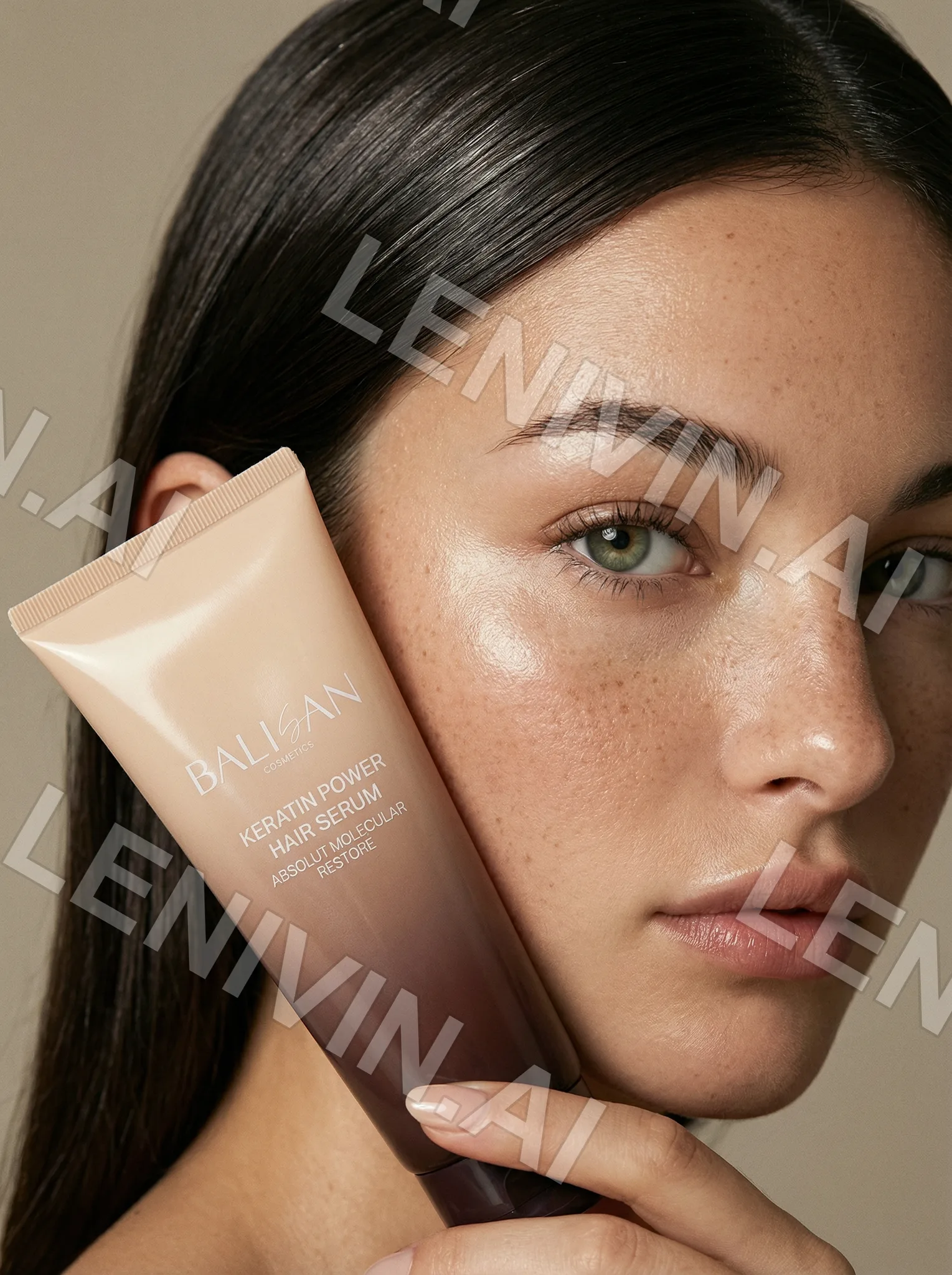 Крупный портрет брюнетки с тюбиком Balisan Hair Serum у щеки, гладкие тёмные волосы