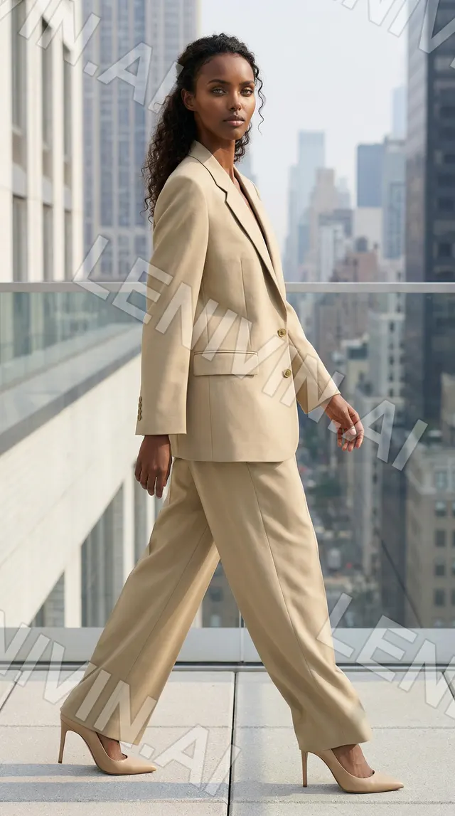 Темнокожая женщина в бежевом брючном костюме идёт по террасе небоскрёба, каблуки в тон