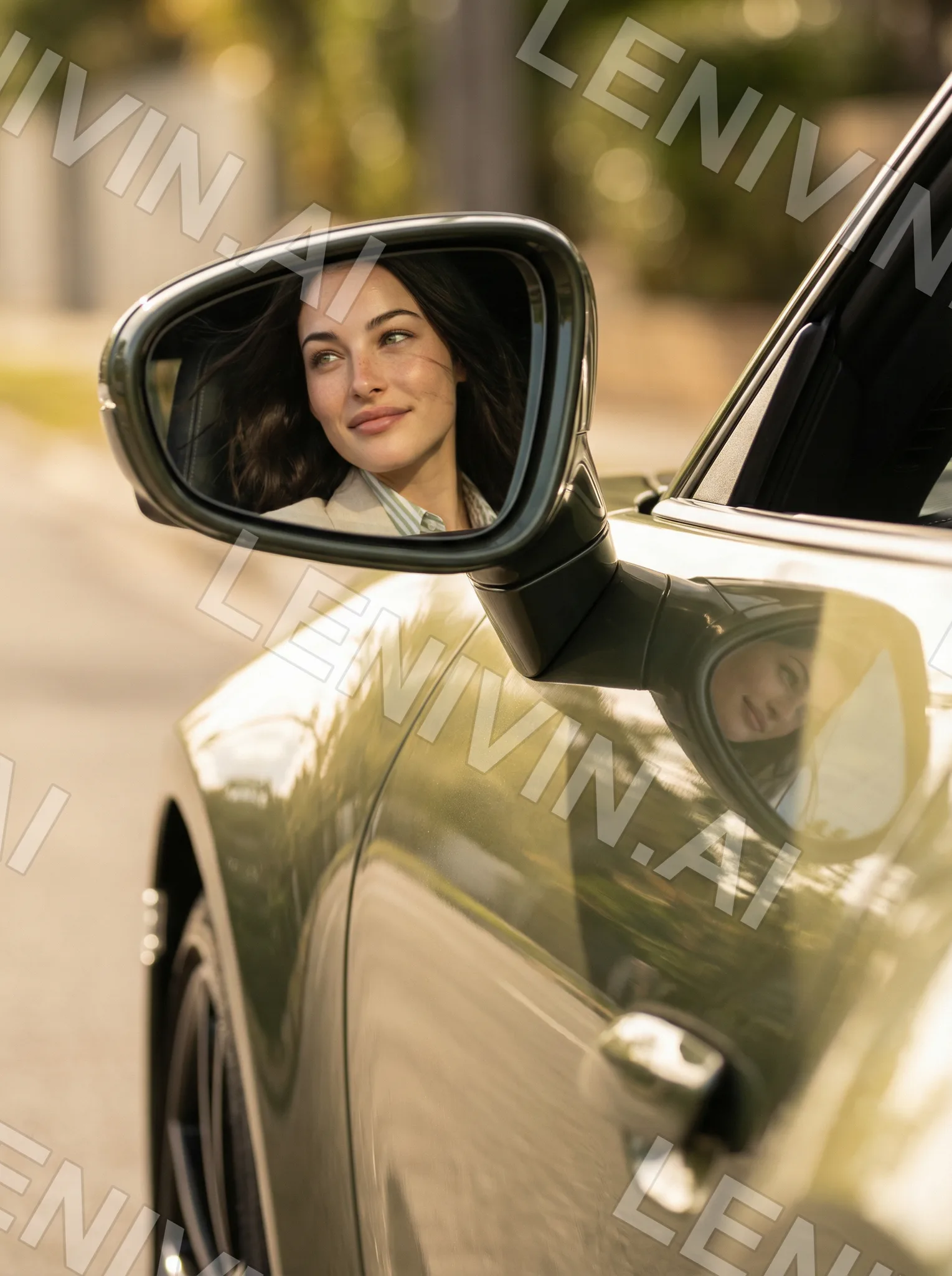 Девушка отражается в боковом зеркале оливкового Porsche, тёплый свет