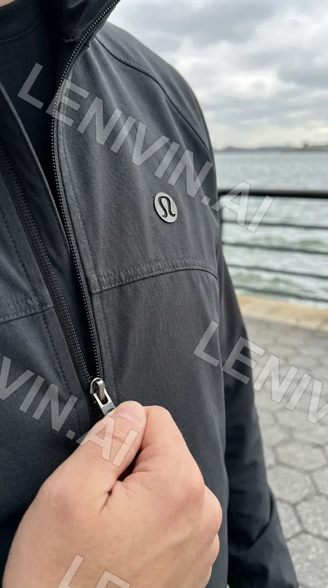 Рука тянет молнию серой куртки с логотипом lululemon, на фоне набережная и пасмурное небо