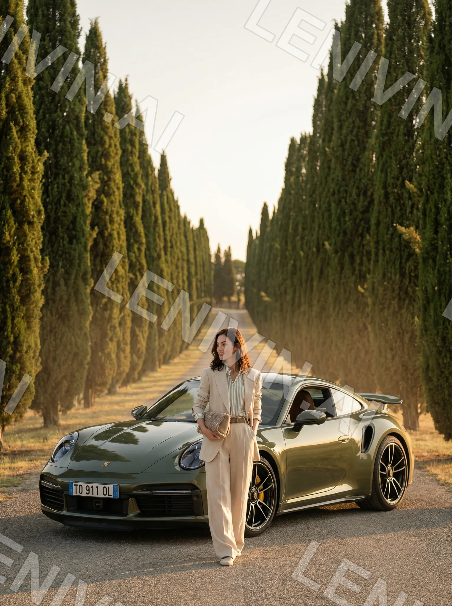 Женщина в бежевом костюме на аллее кипарисов рядом с оливковым Porsche 911 на закате