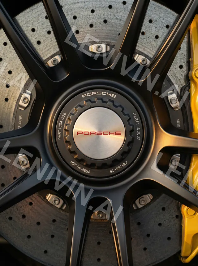 Колесо Porsche с чёрными спицами, красной надписью на ступице и жёлтым суппортом, перфорированный диск