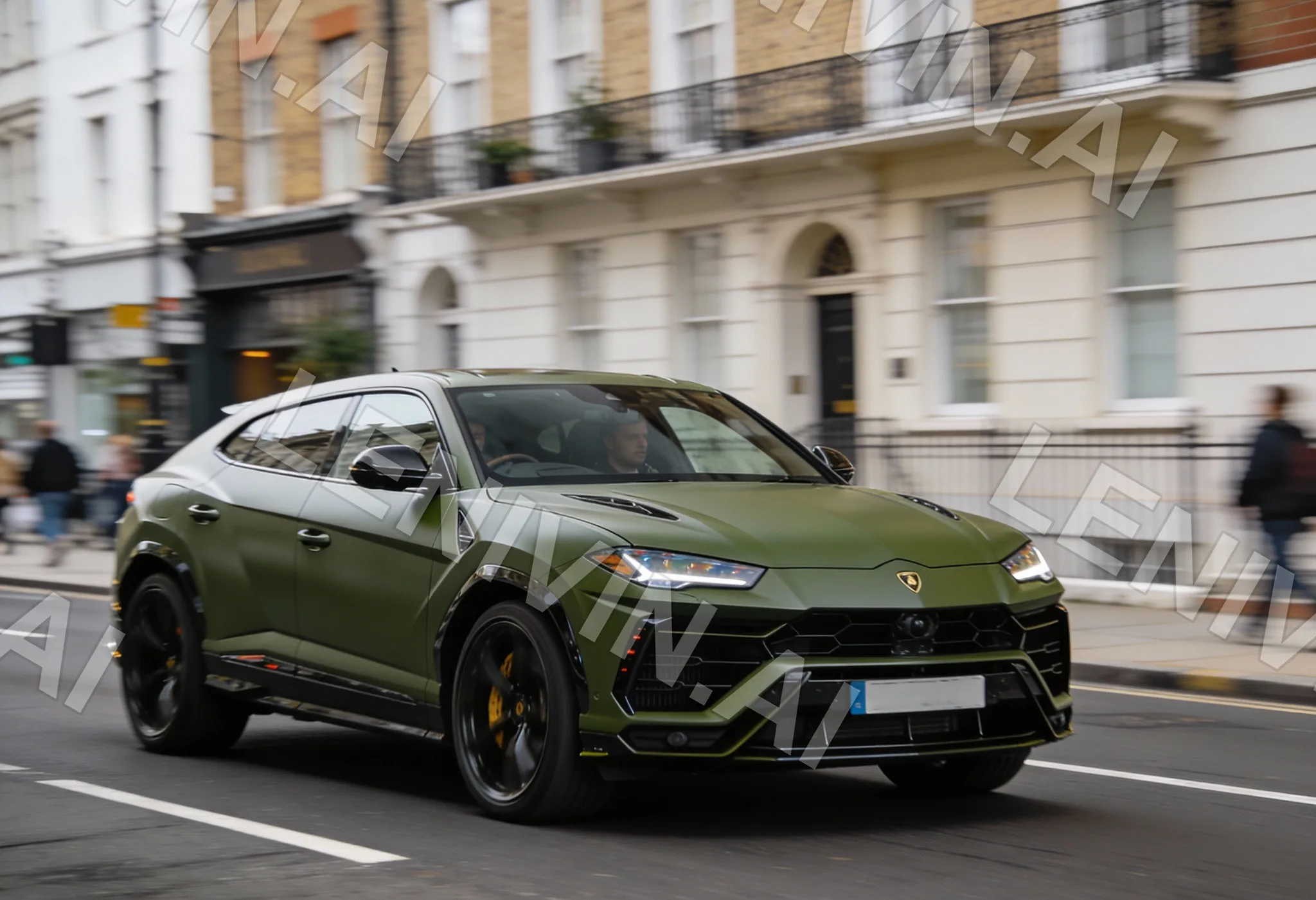 Тёмно-зелёный Lamborghini Urus едет по городской улице с белыми зданиями