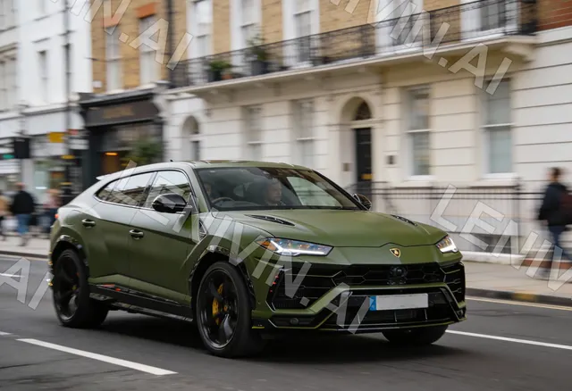 Тёмно-зелёный Lamborghini Urus едет по городской улице с белыми зданиями