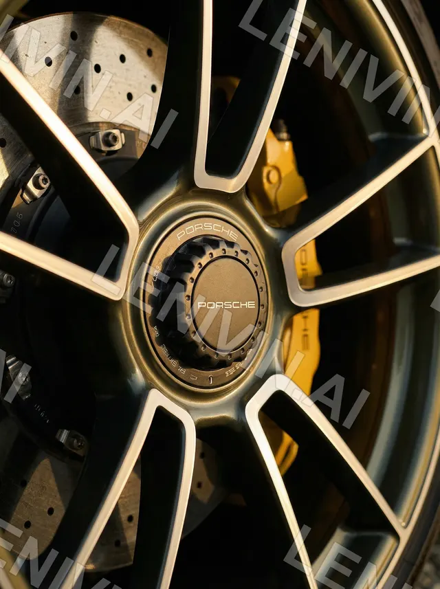 Колесо Porsche с золотистыми спицами и жёлтым суппортом, диск с перфорацией, крупный план