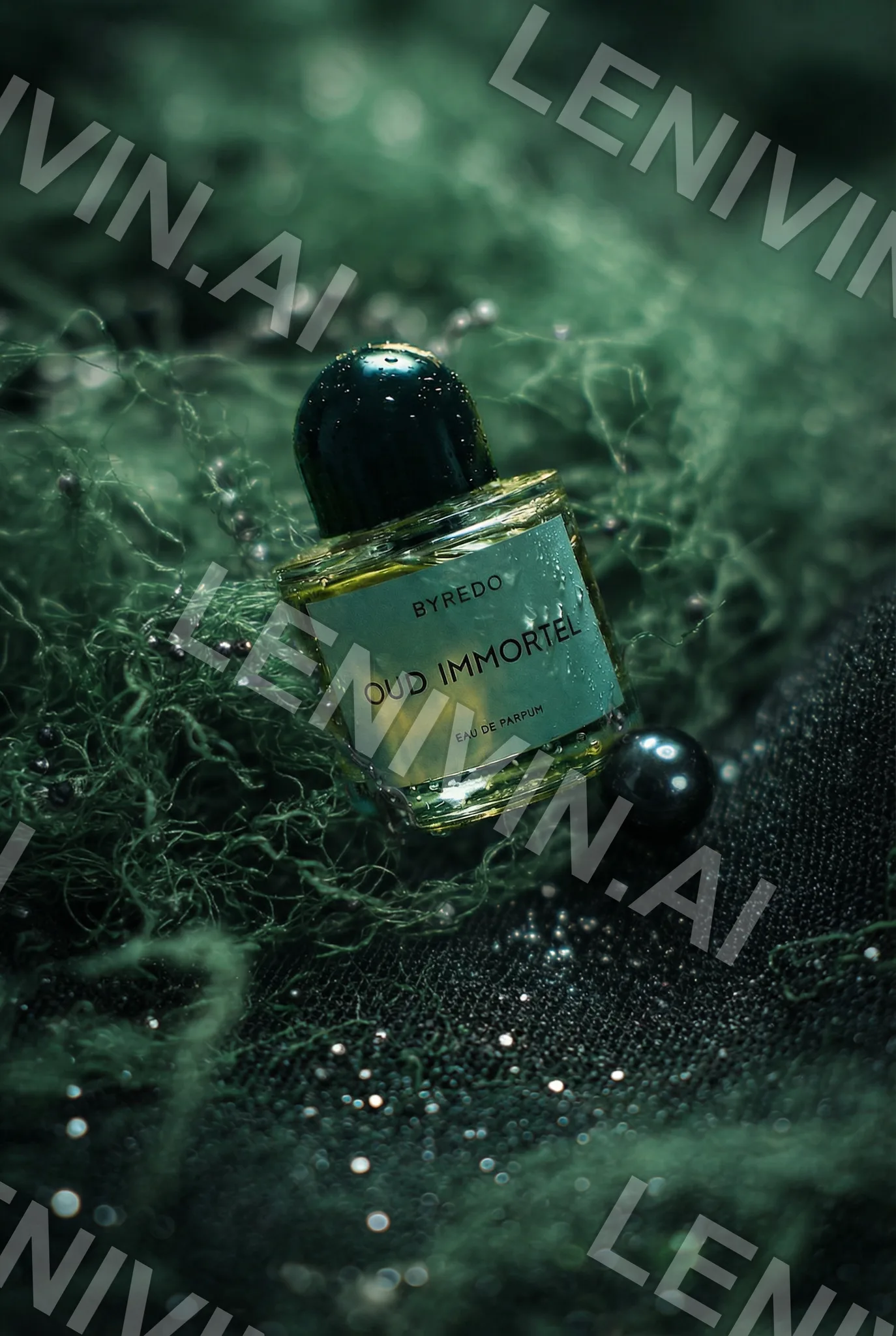 Флакон духов Byredo Oud Immortel среди зелёных пушистых нитей и капель, тёмный фон