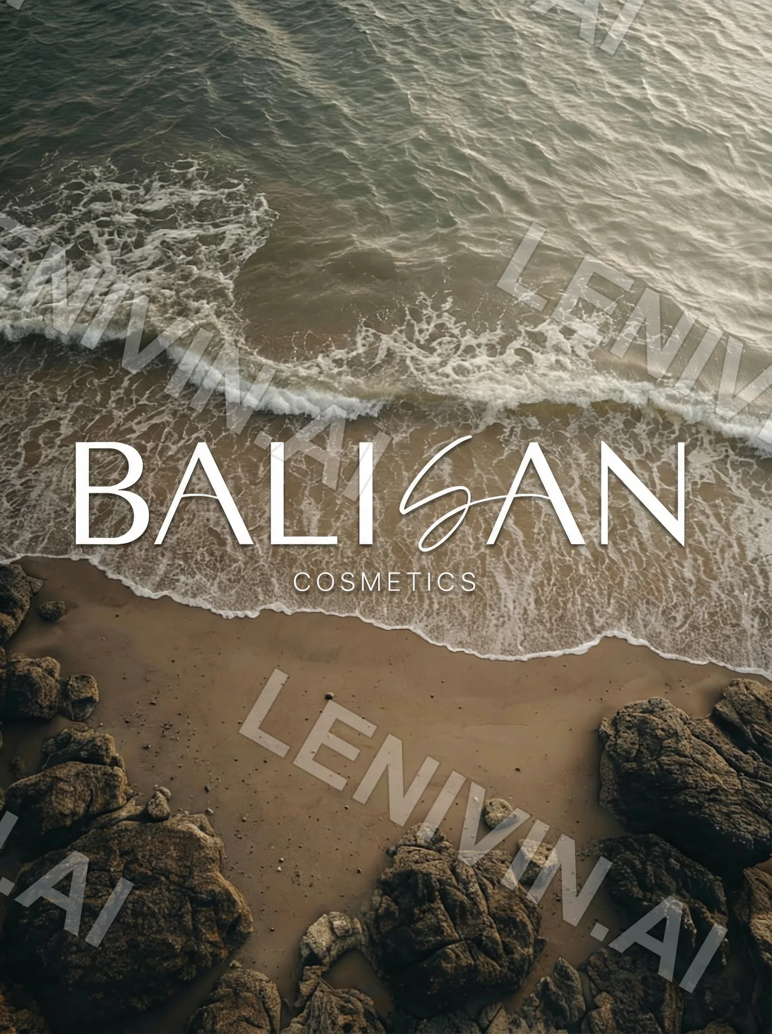 Обложка Balisan Cosmetics: надпись над пенной линией прибоя и камнями на берегу