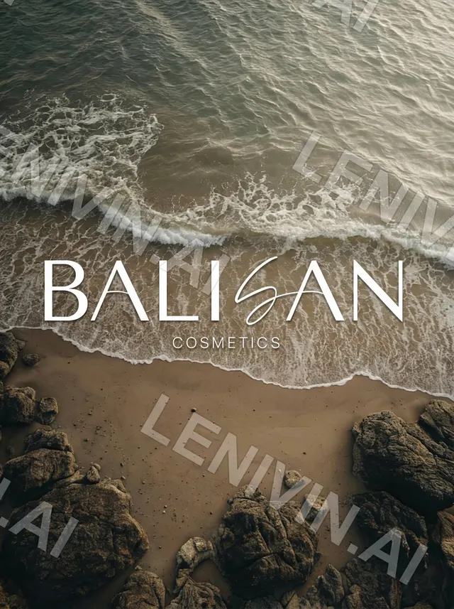 Обложка Balisan Cosmetics: надпись над пенной линией прибоя и камнями на берегу