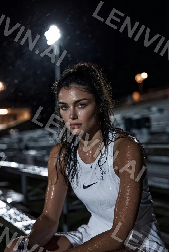 Мокрая брюнетка в белом теннисном платье Nike сидит на трибуне ночью, свет фонаря и капли дождя