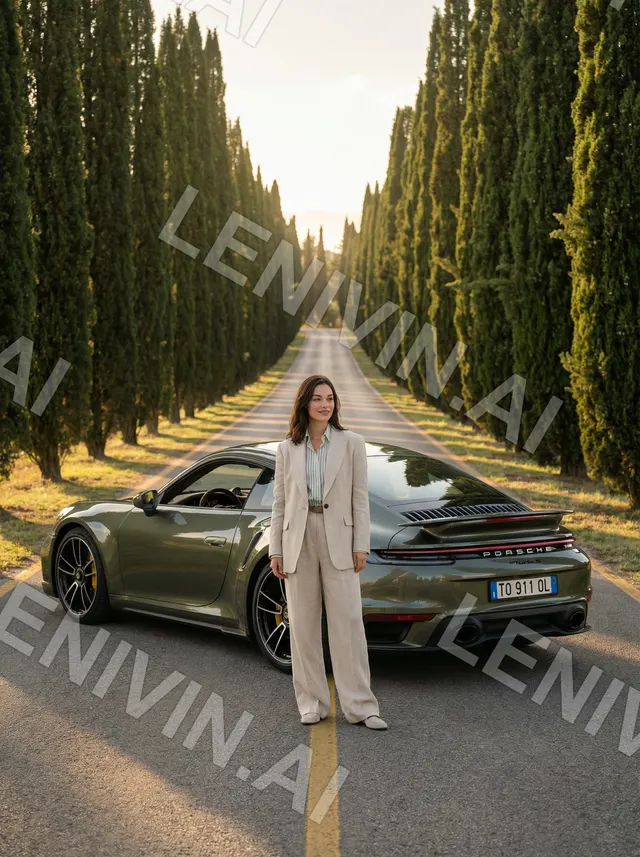 Женщина стоит перед оливковым Porsche на дороге с кипарисами, вид сзади на машину