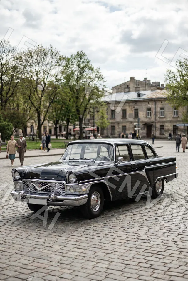 Чёрная «Чайка» на брусчатой площади, старинное здание и деревья позади, облачное небо