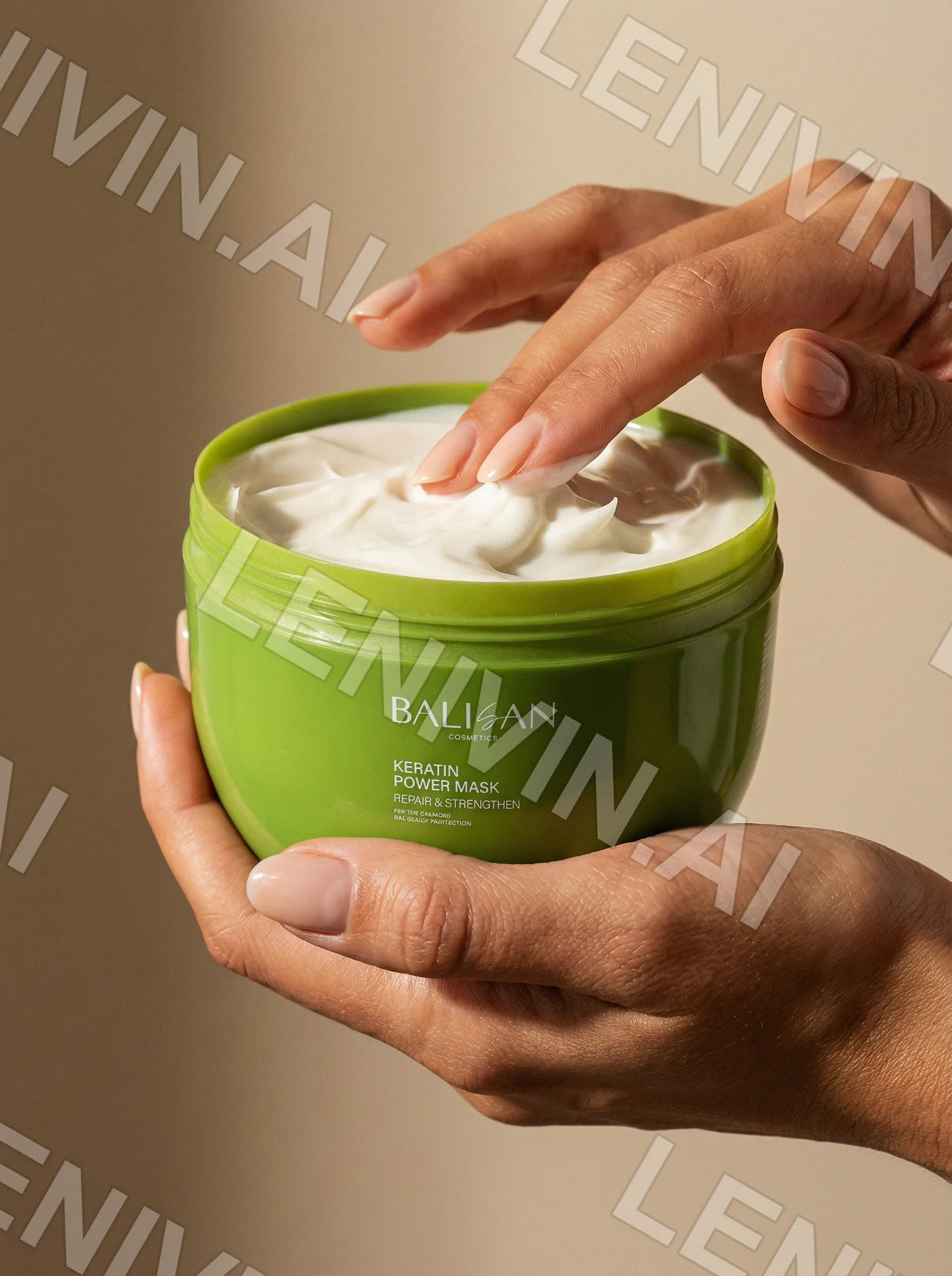 Руки держат зелёную банку Balisan Power Mask, пальцы касаются крема, бежевый фон