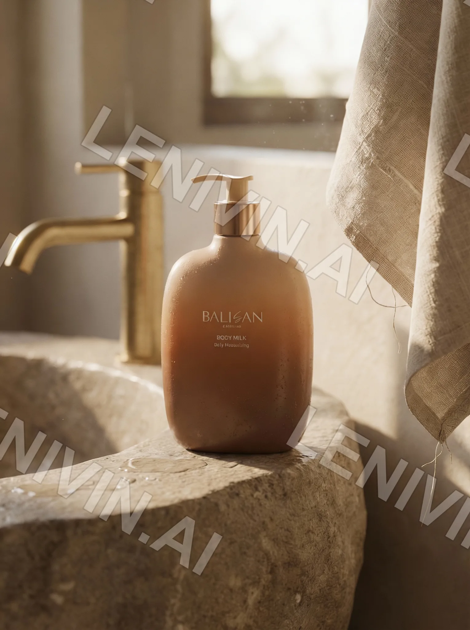 Флакон Balisan Body Milk на каменной чаше у окна, льняное полотенце, латунный кран