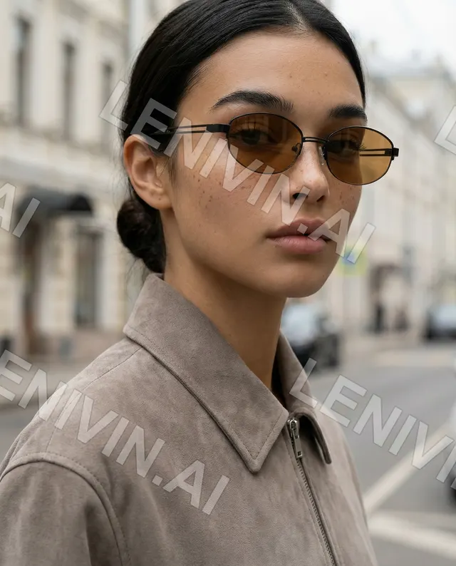 Крупный портрет брюнетки в янтарных очках и замшевой куртке на городской улице