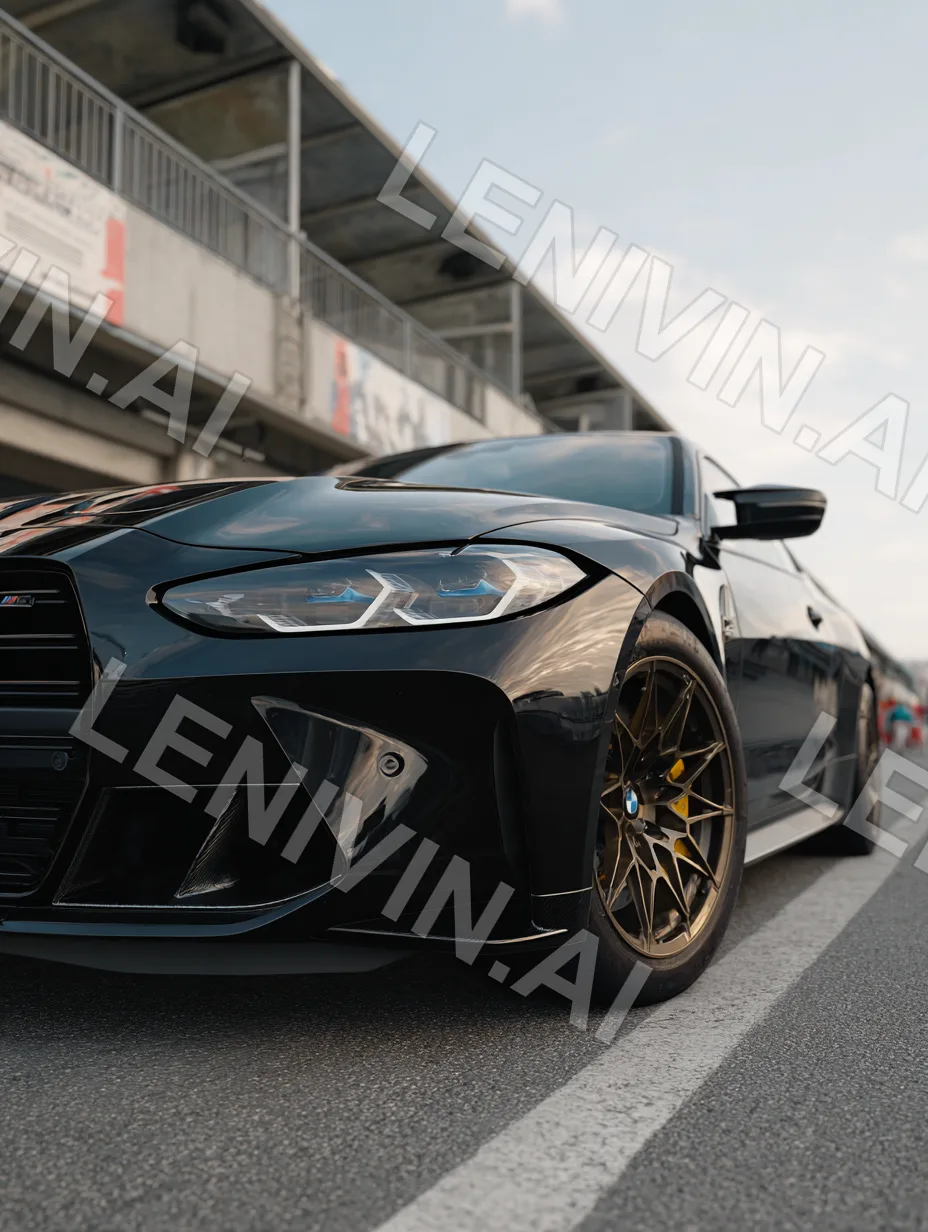 Чёрный BMW M-серии с золотистыми дисками, крупно передняя часть на трассе