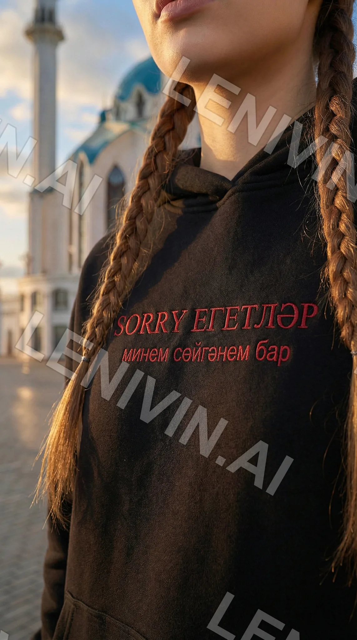 Крупный план косы и красной надписи на чёрном худи, на фоне мечети и неба