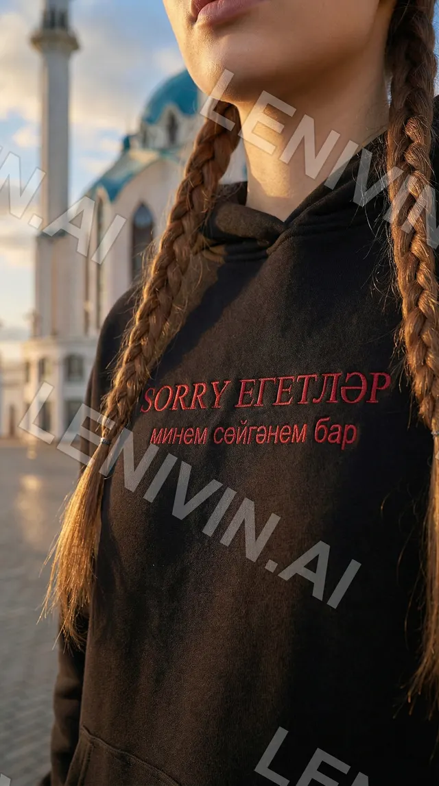 Крупный план косы и красной надписи на чёрном худи, на фоне мечети и неба