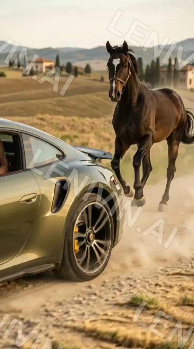 Ролик: бегущая гнедая лошадь рядом с оливковым Porsche на пыльной дороге в полях