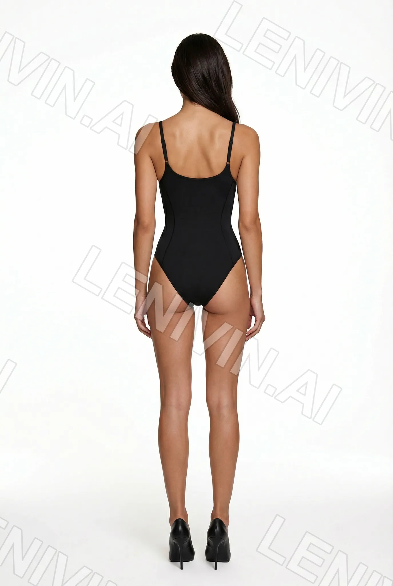 Женщина со спины в чёрном боди и чёрных туфлях на белом фоне