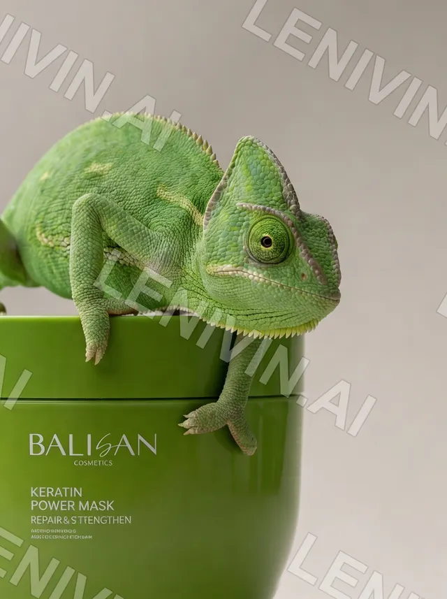 Зелёный хамелеон на крышке баночки Balisan Keratin Power Mask, светлый фон