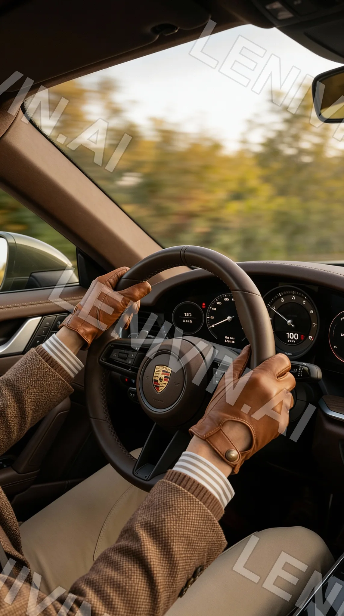 Руки в кожаных перчатках на руле Porsche, за окном размытая дорога