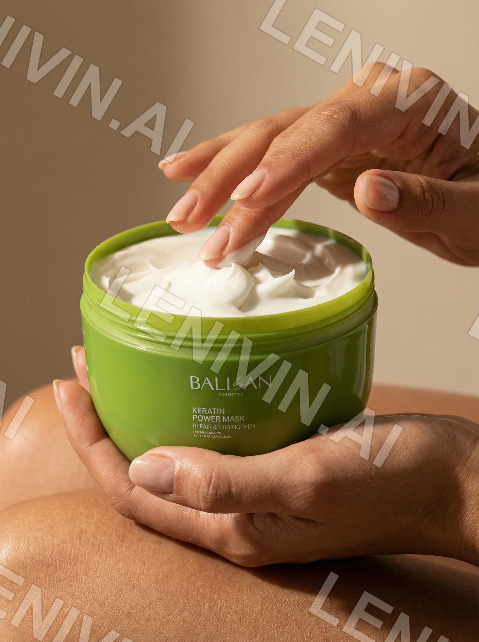 Пальцы касаются белого крема в зелёной баночке Balisan Keratin Power Mask, руки на коленях
