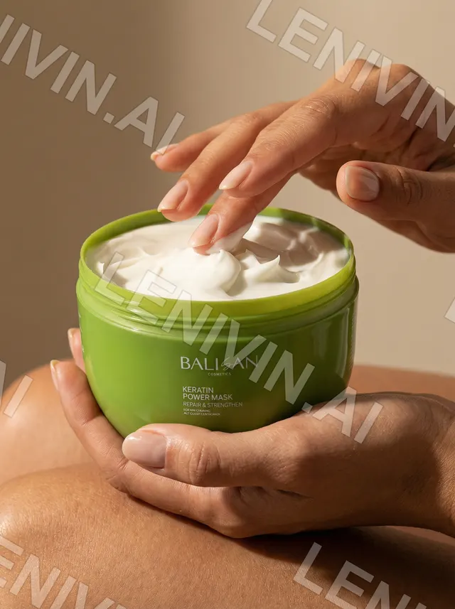Пальцы касаются белого крема в зелёной баночке Balisan Keratin Power Mask, руки на коленях