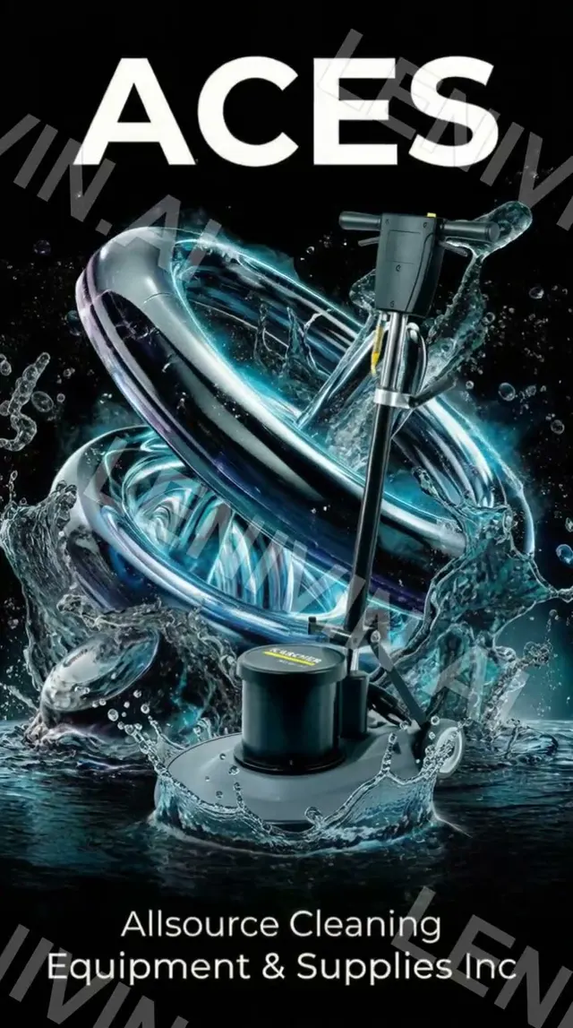 Ролик: афиша ACES, полировочная машина в ореоле воды и брызг, подпись Allsource Cleaning Equipment & Supplies Inc