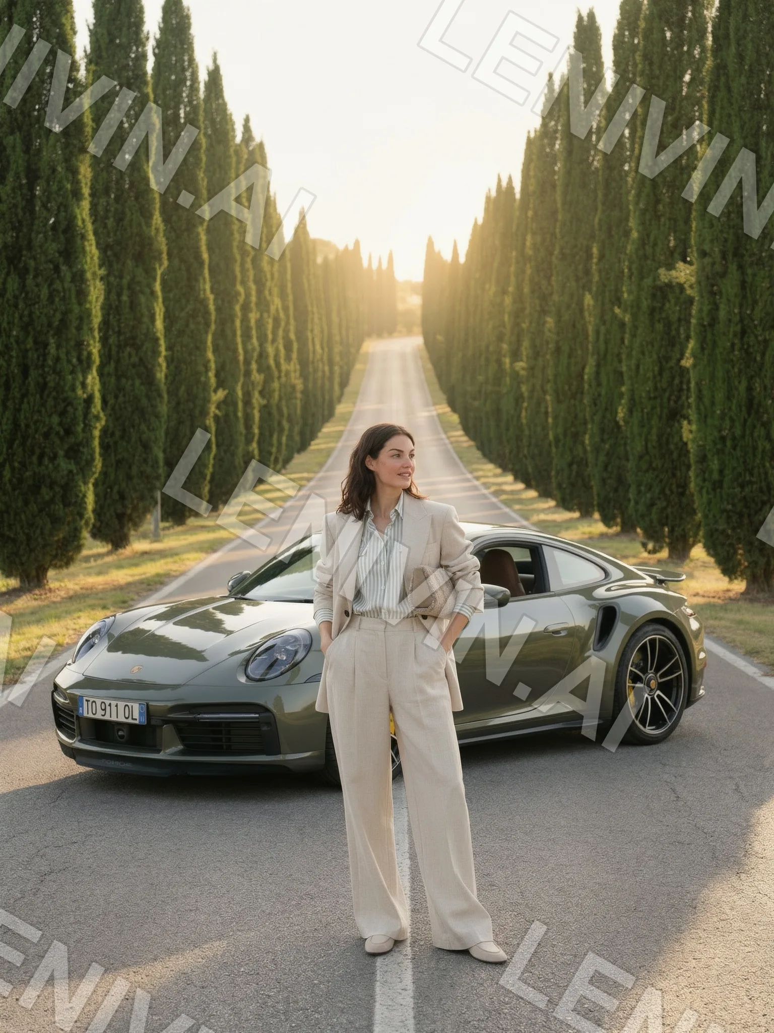 Девушка в бежевом костюме стоит у оливкового Porsche на дороге среди кипарисов