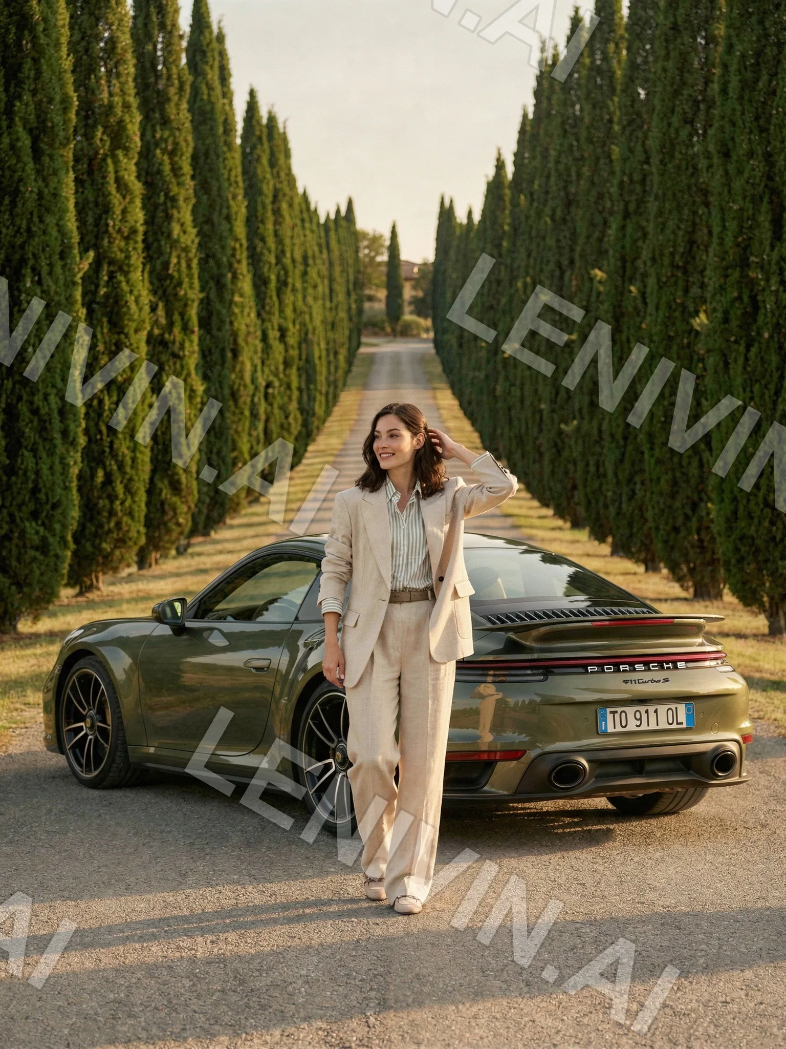 Девушка в бежевом костюме поправляет волосы у оливкового Porsche, аллея кипарисов