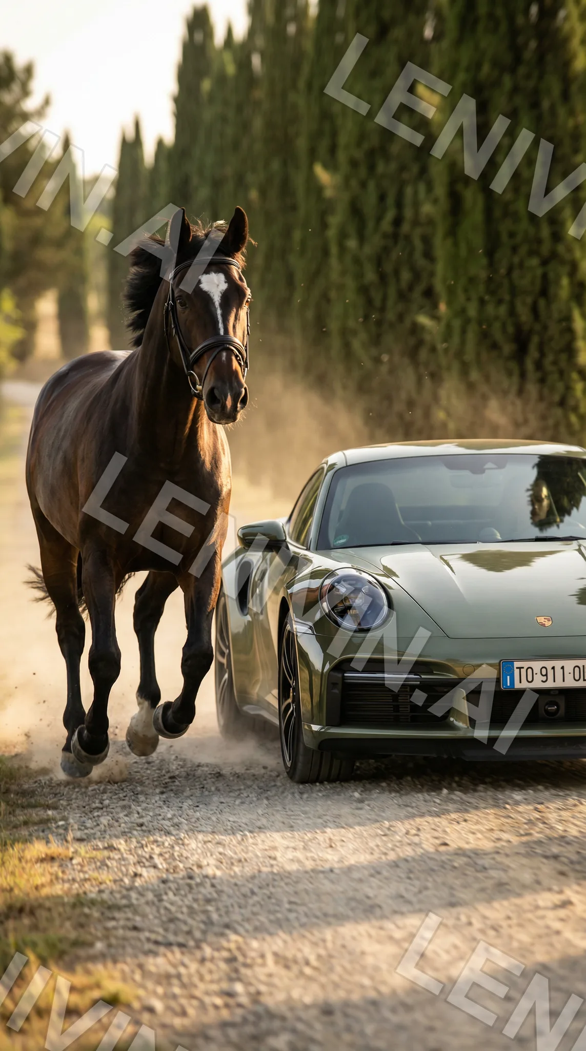 Тёмная лошадь мчится по пыльной дороге у оливкового Porsche, кипарисы
