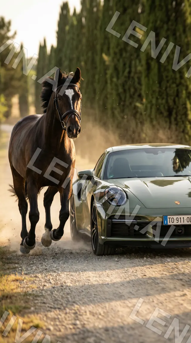 Тёмная лошадь мчится по пыльной дороге у оливкового Porsche, кипарисы