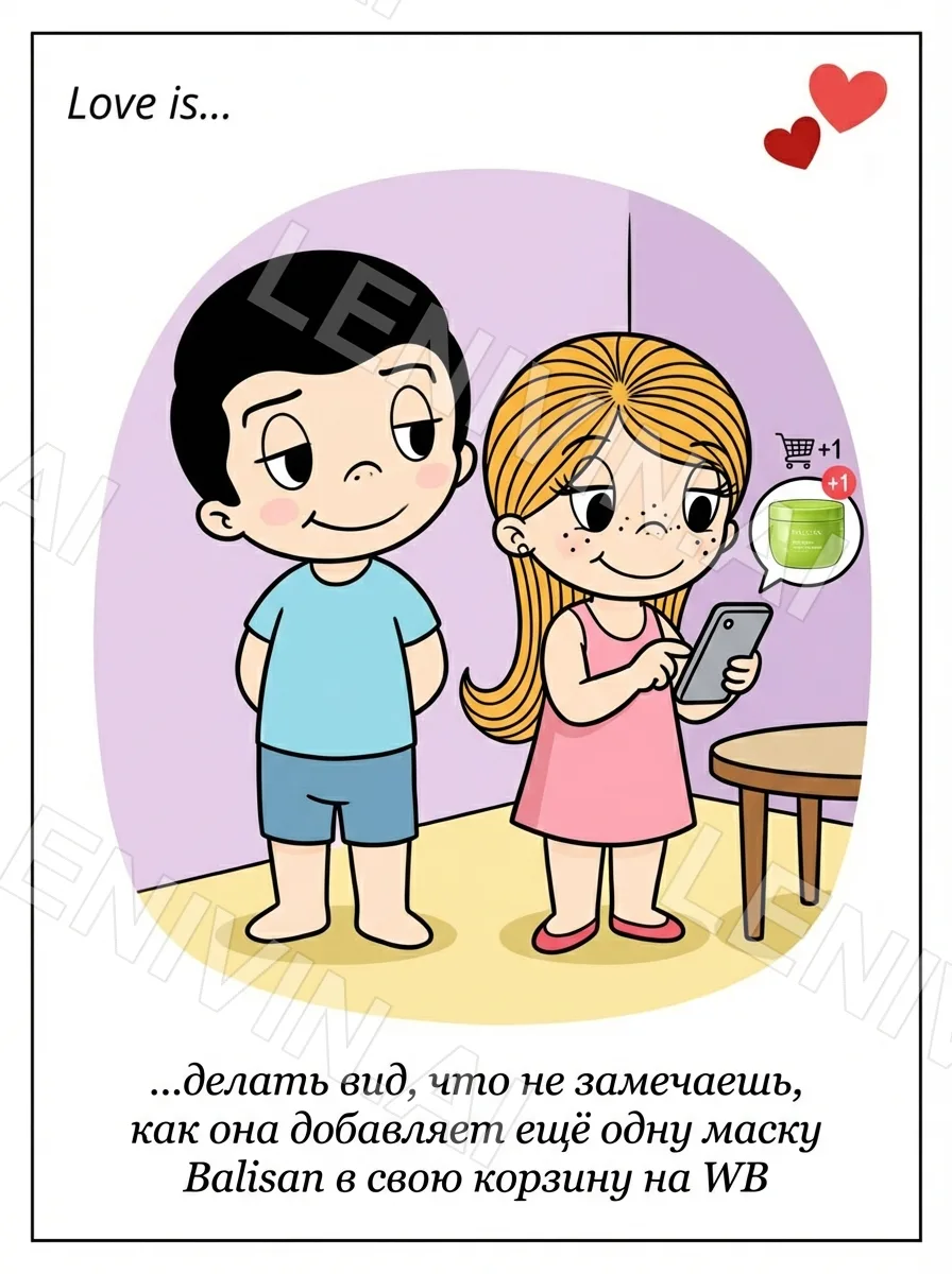 Открытка «Love is…»: мальчик в голубой футболке и девочка в розовом платье со смартфоном, в корзине маска Balisan