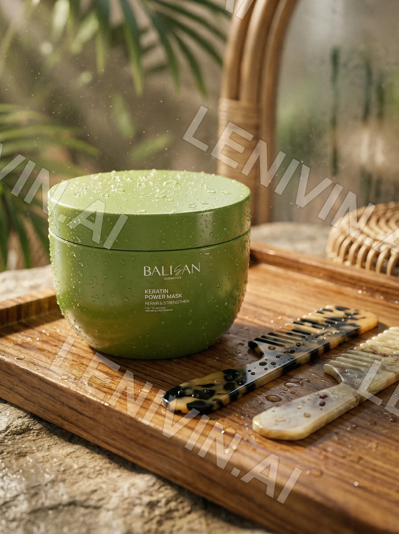 Зелёная банка Balisan Power Mask на деревянном подносе с двумя гребнями, плетёная спинка за ней