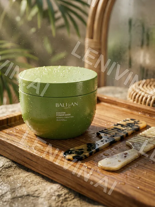 Зелёная банка Balisan Power Mask на деревянном подносе с двумя гребнями, плетёная спинка за ней