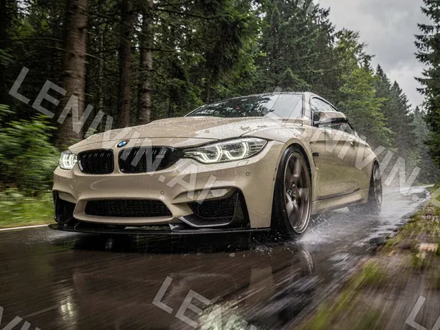 Бежевый BMW несётся по мокрой лесной дороге, брызги и размытый фон