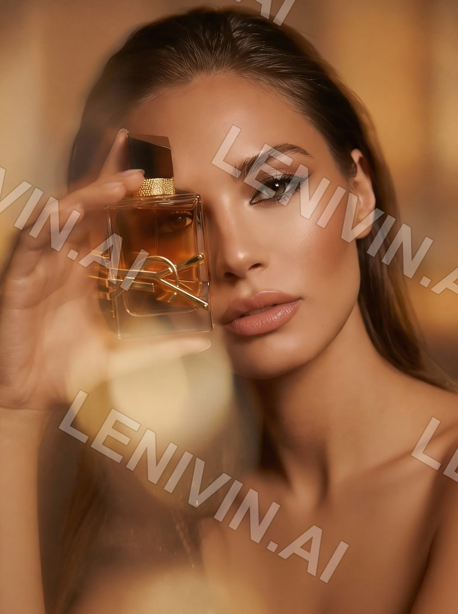 Брюнетка закрывает один глаз флаконом духов Yves Saint Laurent, золотистое размытие