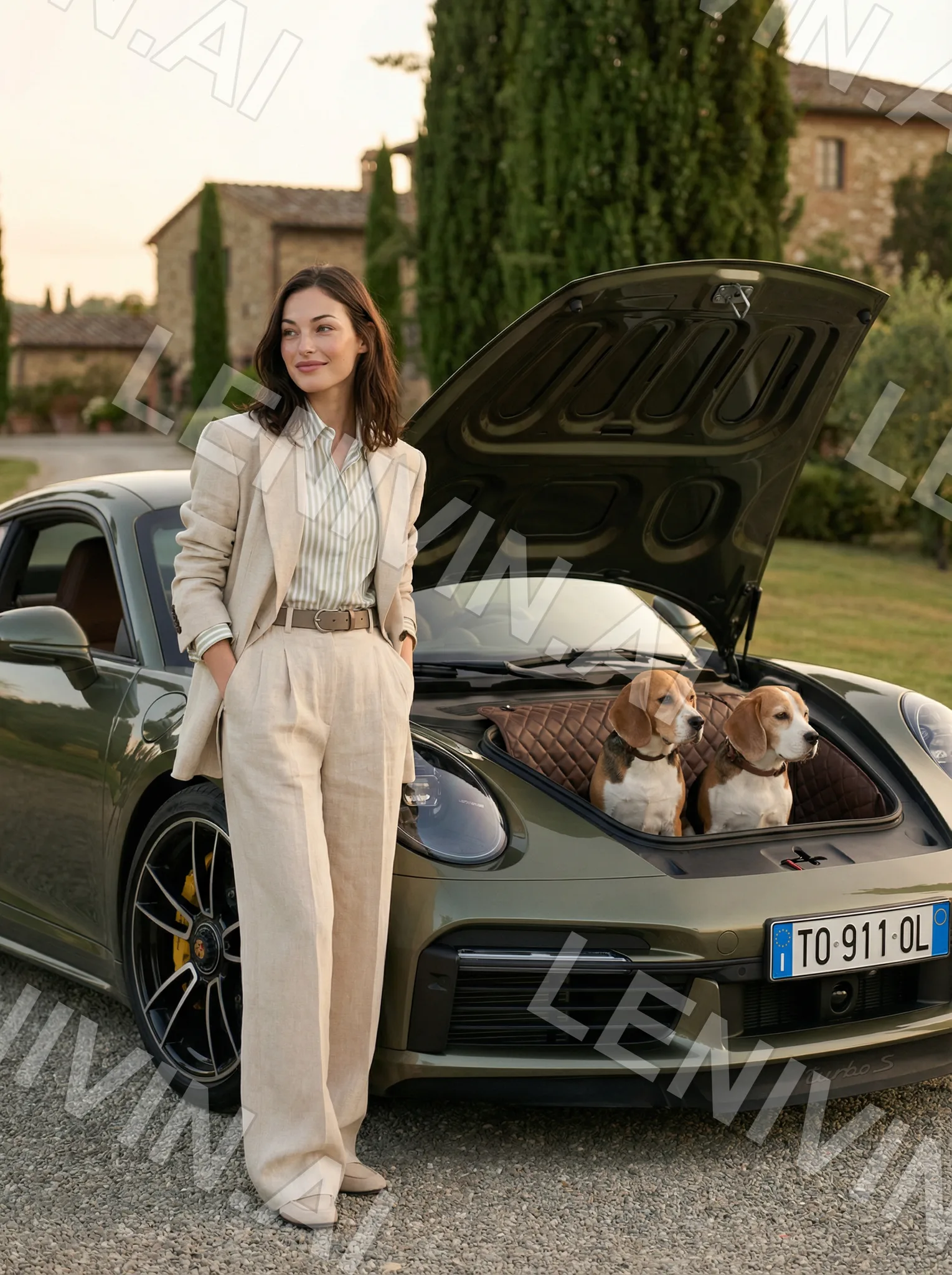 Брюнетка в светлом костюме стоит у оливкового Porsche с открытым багажником, в нём два бигля, каменный дом