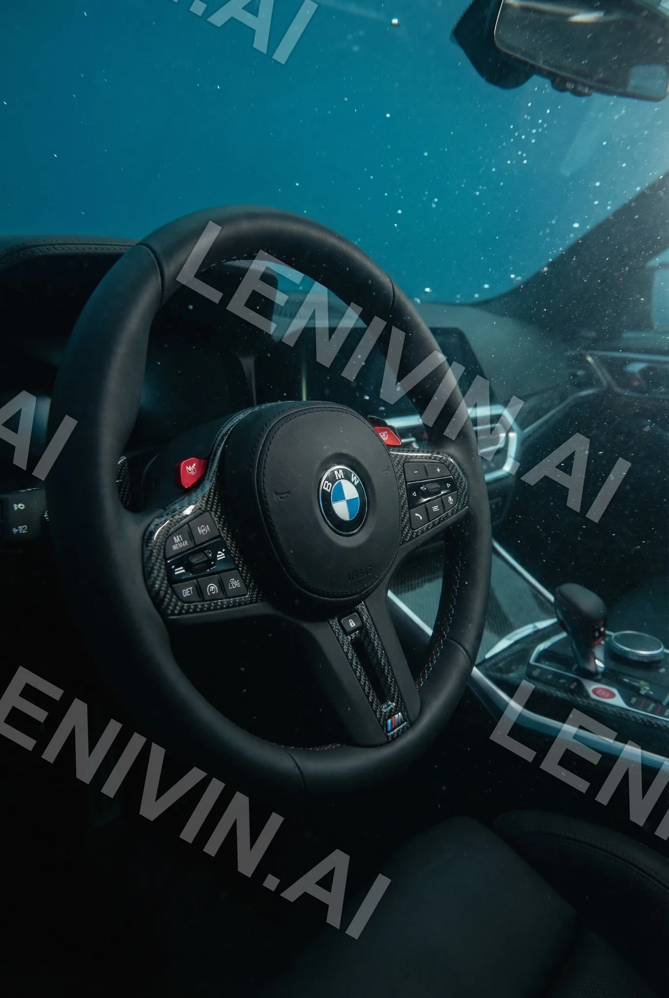 Руль BMW с карбоновыми вставками в салоне, голубоватый свет и блики