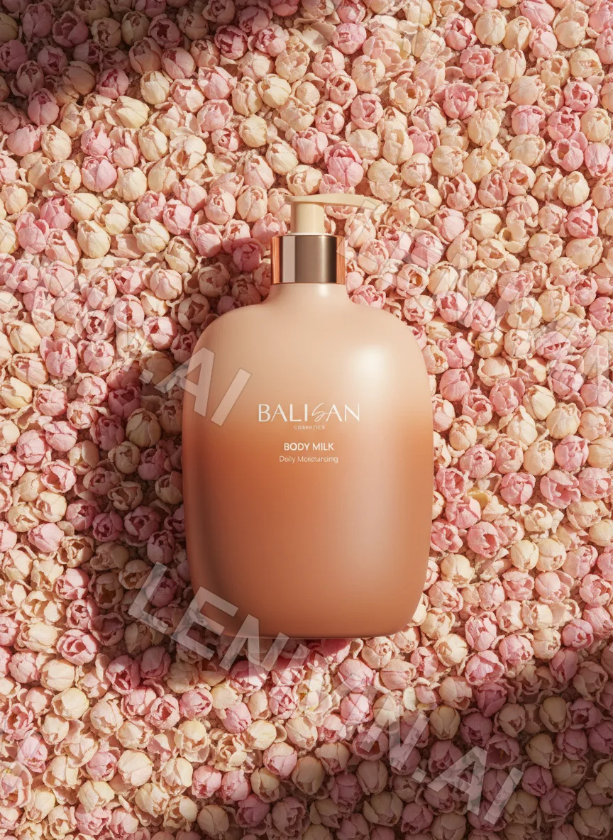 Флакон Balisan Body Milk в центре россыпи розовых бутонов, вид сверху