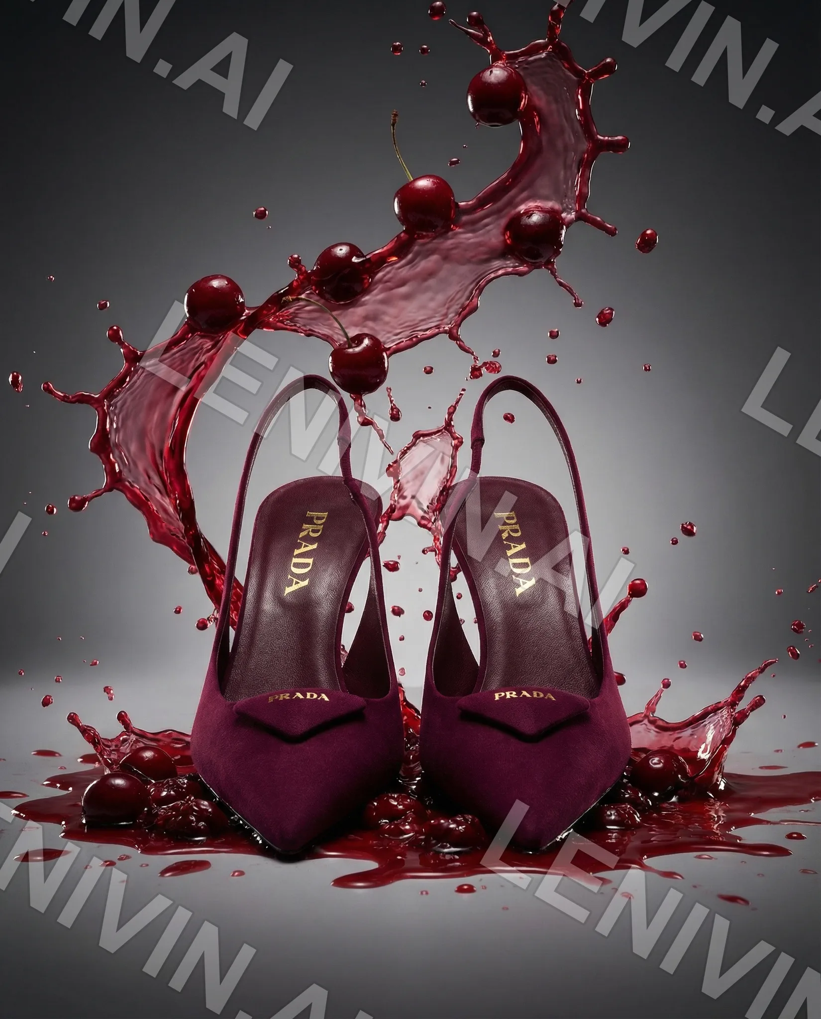 Бордовые туфли Prada на шпильке в брызгах вишнёвого сока и вишнях на сером фоне