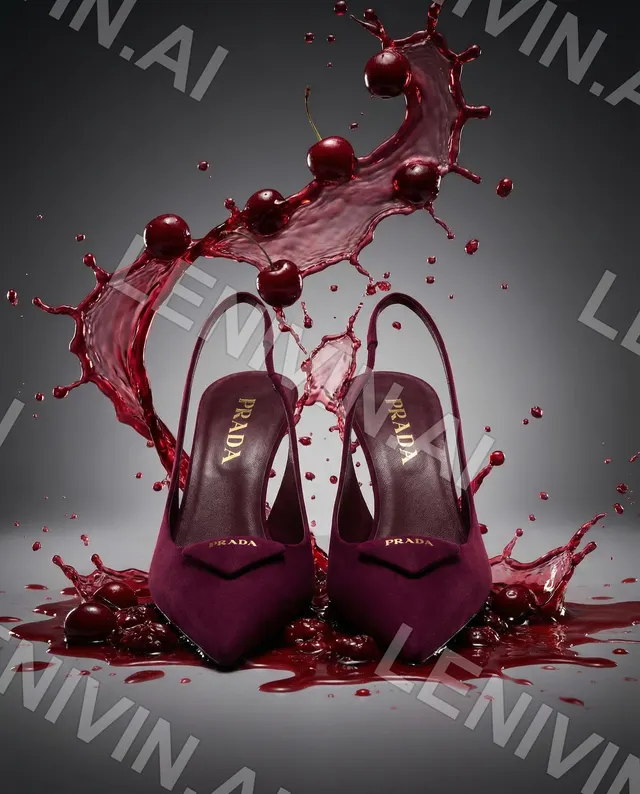 Бордовые туфли Prada на шпильке в брызгах вишнёвого сока и вишнях на сером фоне