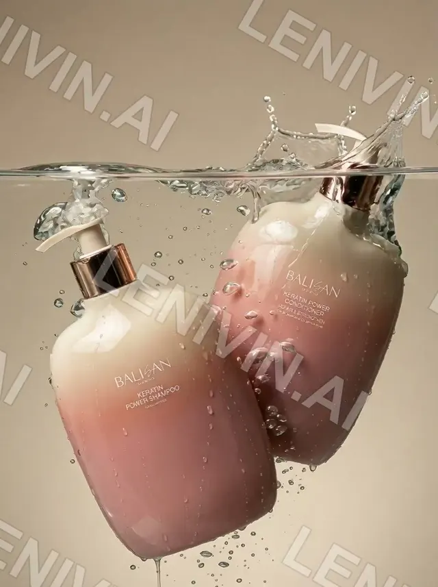 Ролик: два флакона Balisan Keratin Power Shampoo падают в воду, брызги на бежевом фоне