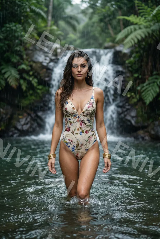 Брюнетка в цветочном купальнике выходит из воды на фоне дождя и водопада