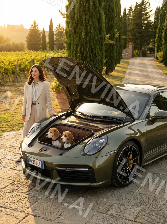 Женщина у открытого багажника оливкового Porsche с биглями на виноградной дороге с кипарисами