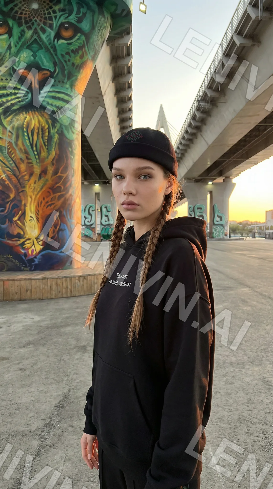 Девушка с косами в чёрной шапке и худи у моста с граффити в виде тигра на опоре