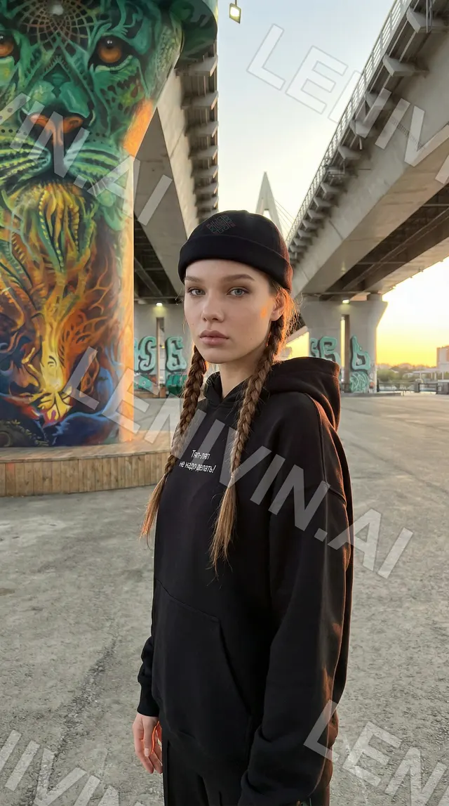Девушка с косами в чёрной шапке и худи у моста с граффити в виде тигра на опоре