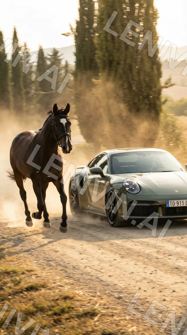 Тёмная лошадь скачет по пыльной дороге рядом с оливковым Porsche, кипарисы