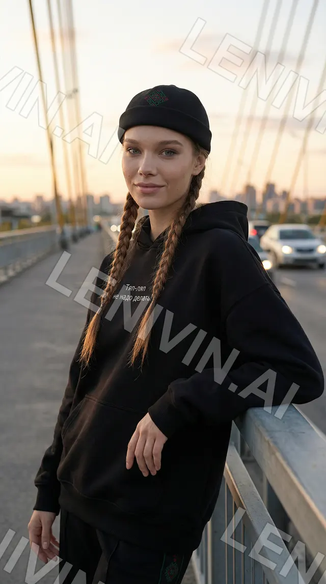 Девушка с косами в чёрной шапке и худи опирается на перила моста, на фоне закатный город