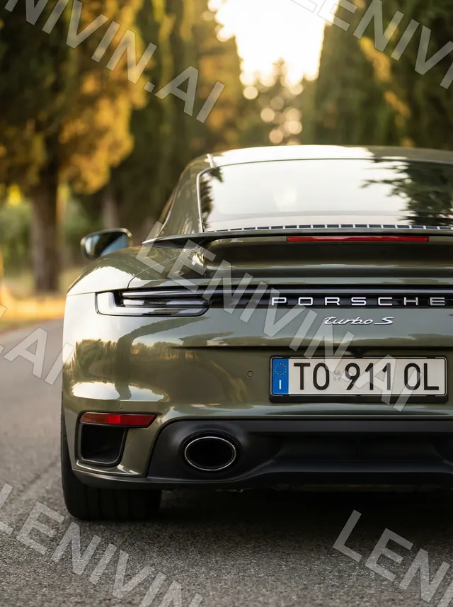 Оливковый Porsche сзади с номером TO 911 OL на дороге с деревьями, закатный свет